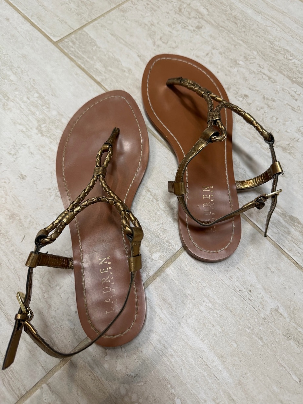 Ralph Lauren Metallic Bronze Braided T-Strap Sandals